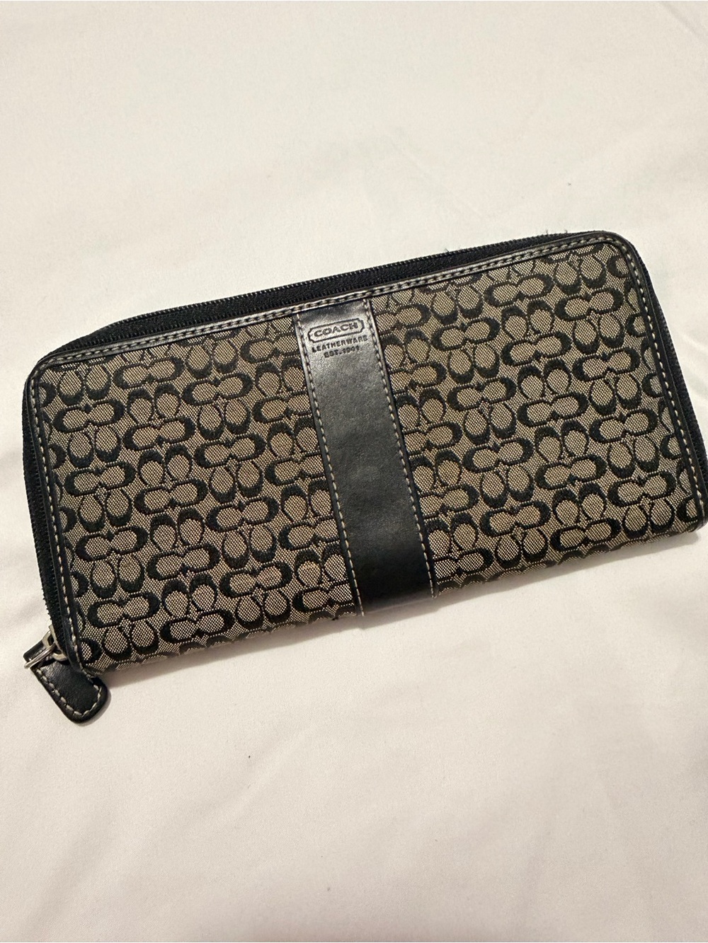 Coach Signature Zip Wallet in Black and Khaki